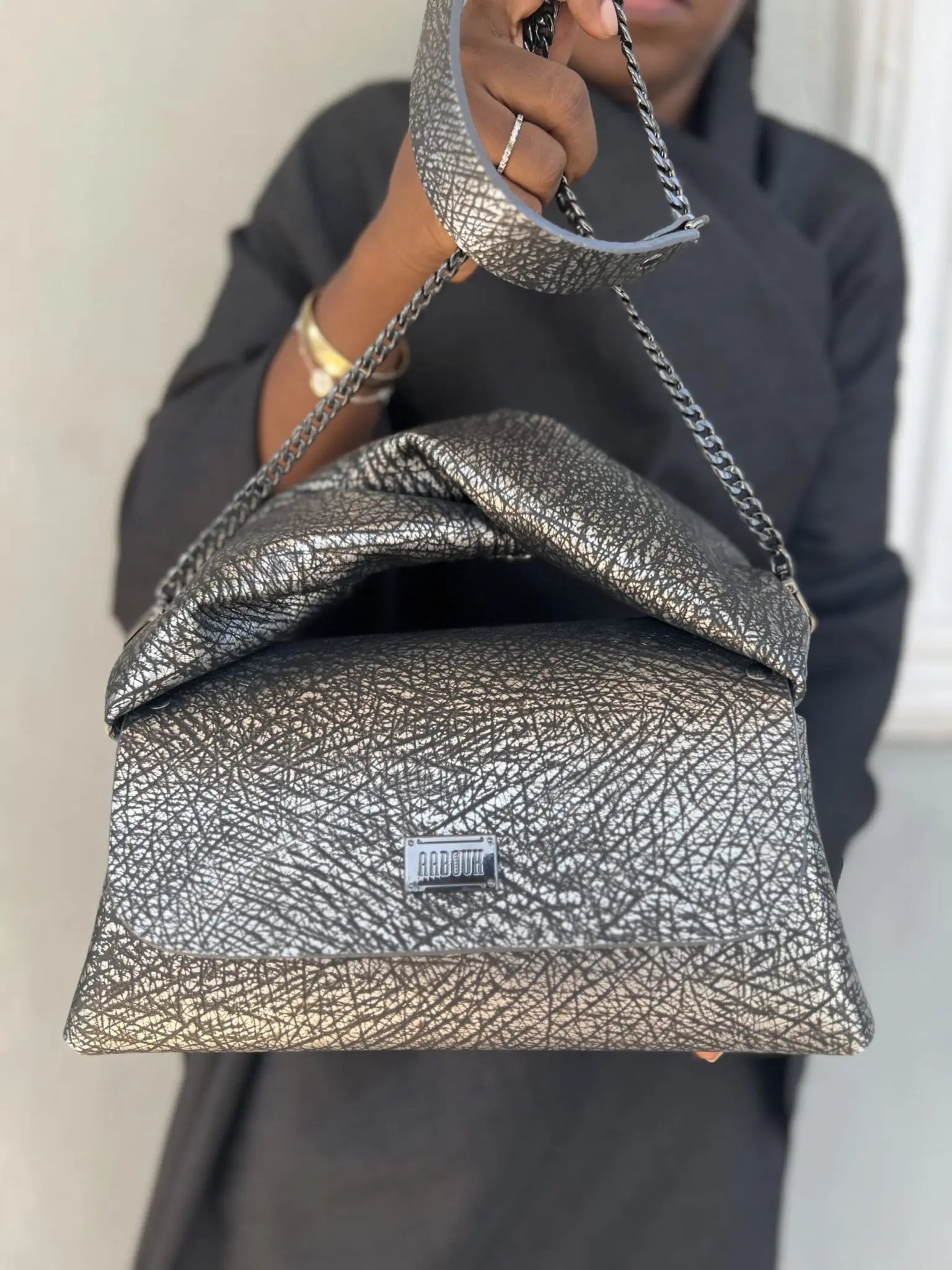 Nury Maxi Silver & Black Crackled Print Leather